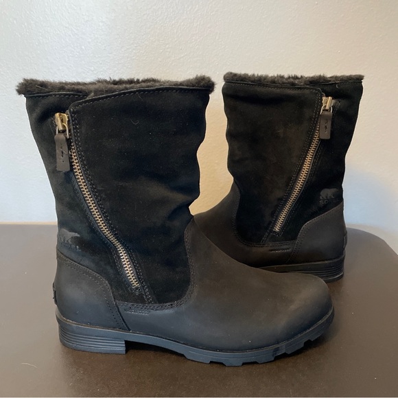 Sorel Shoes Sorel Emelie Fold Over Waterproof Leather Fur Black